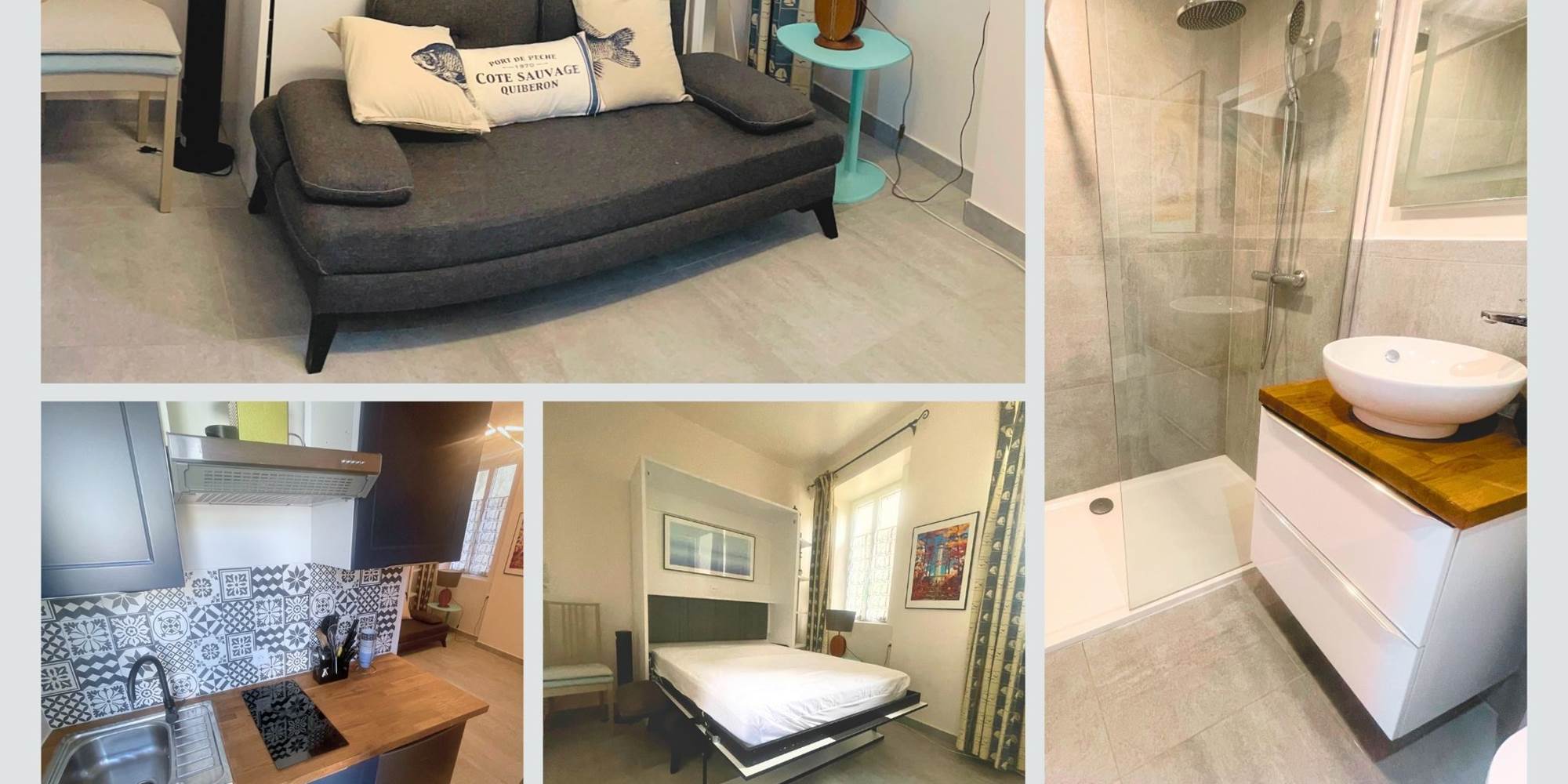 Studio rue du Marché – charme et fonctionnalité au cœur du village Lit escamotable, salle d’eau contemporaine, cuisine équipée et accès au jardin commun : tout est prévu pour un séjour détente à La Flotte.