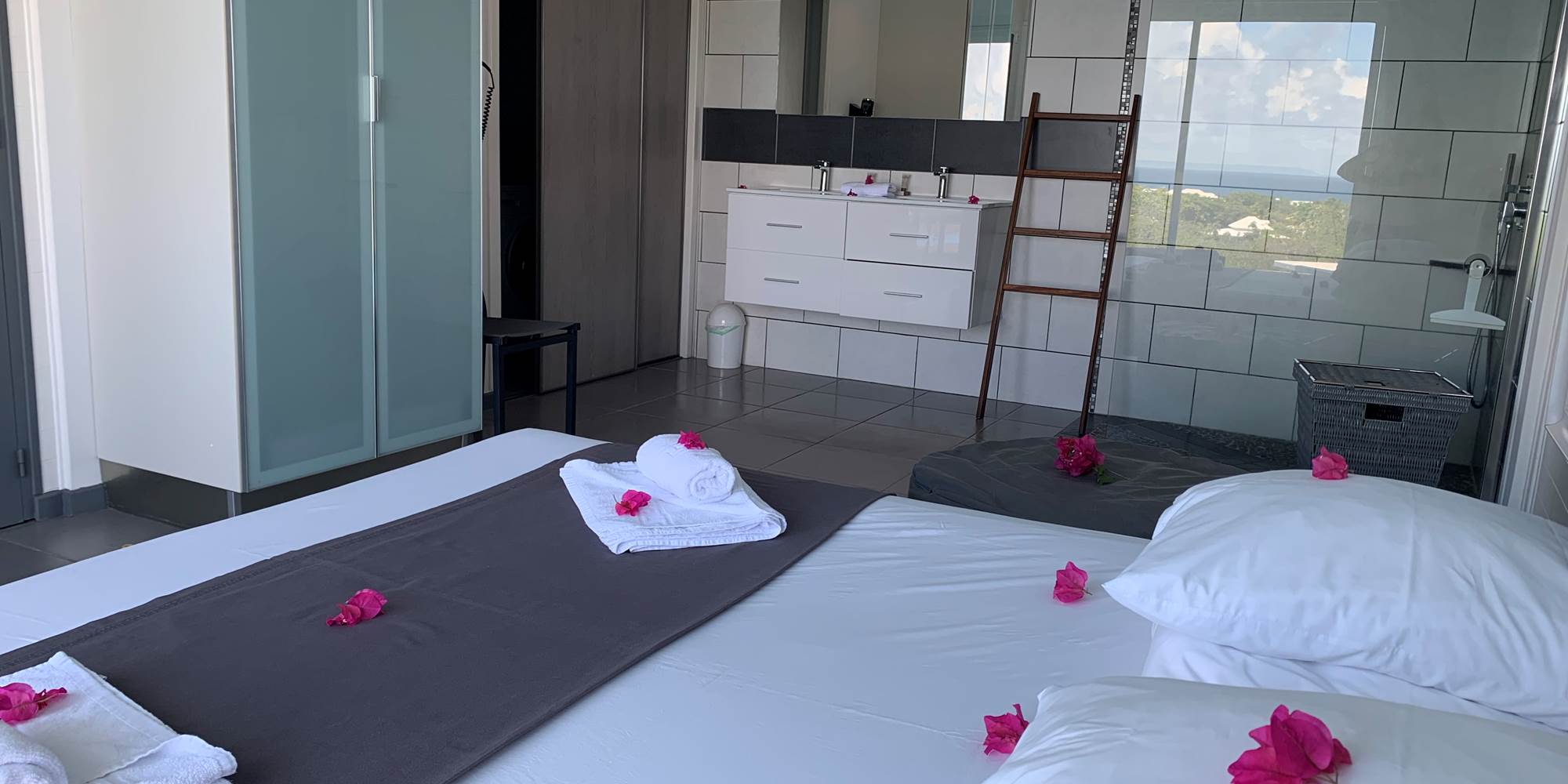 Chambre et sa salle de douche ouverte