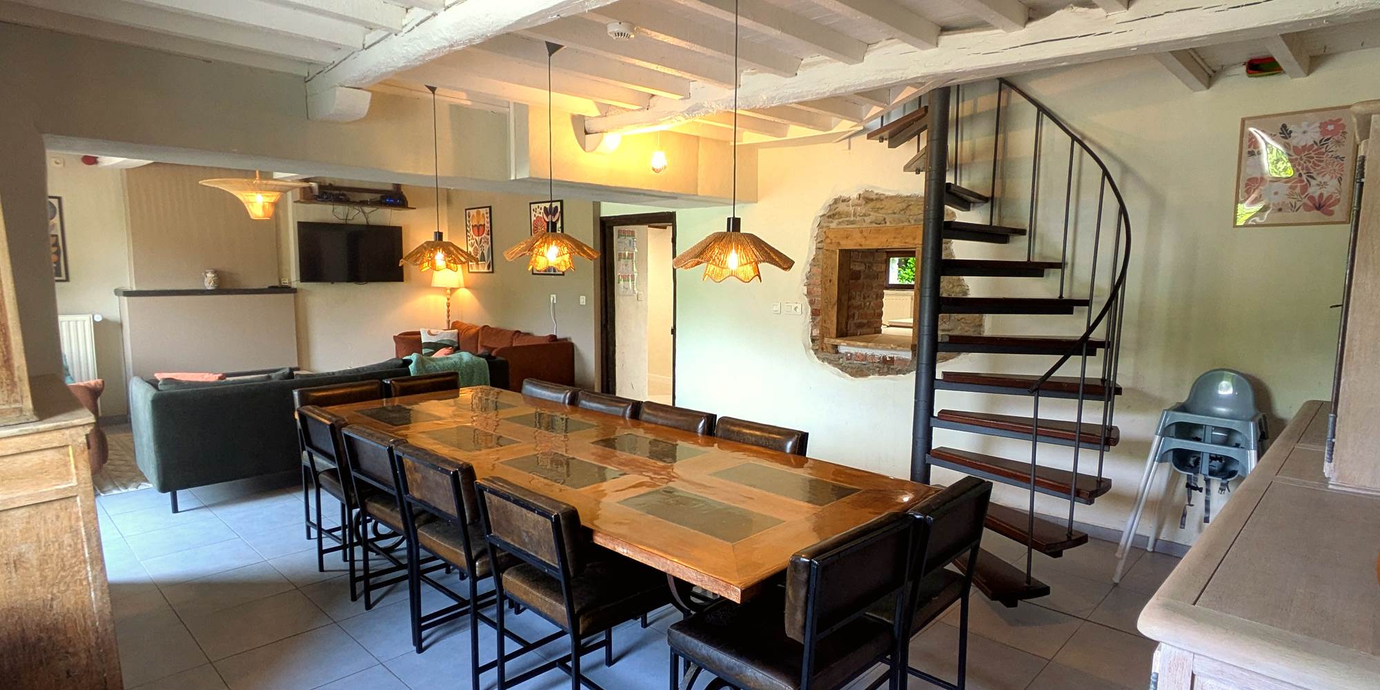 Bright dining space designed for large family meals and group stays