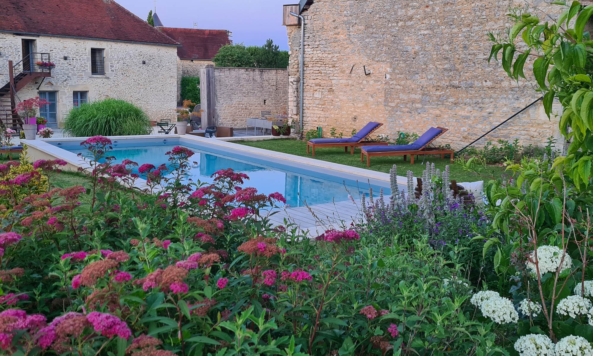 Vue jardin fleurs piscine