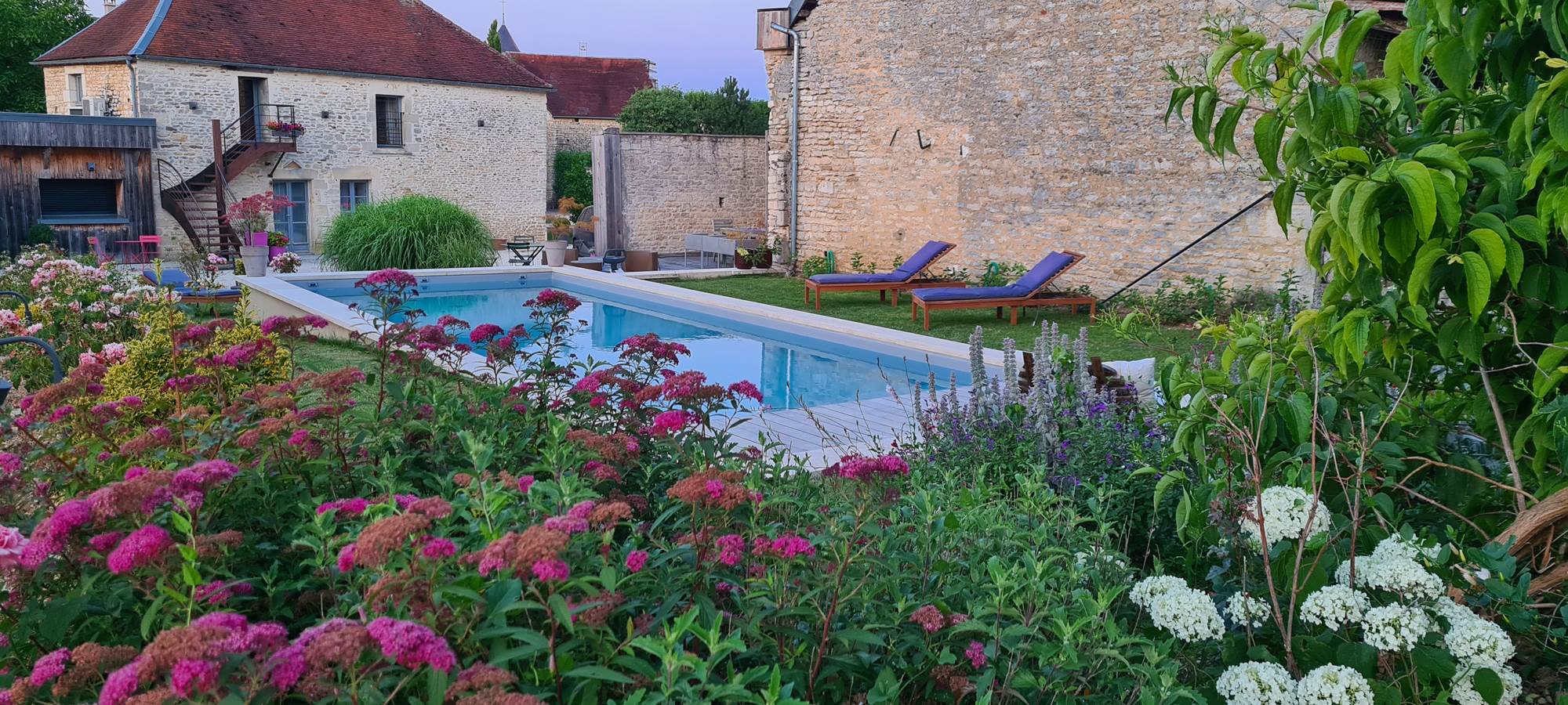 Vue jardin fleurs piscine