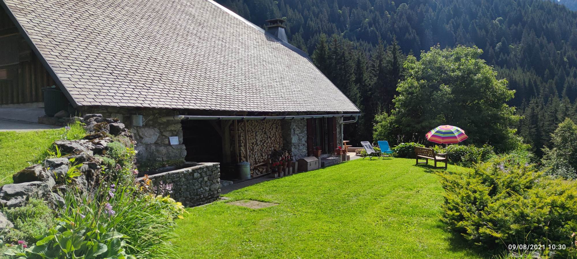 Pelouse devant l'entrée du Chalet de Beauregard. Venez y faire quelques pas pied nu pour vous ancrer ou faire du  "grounding"