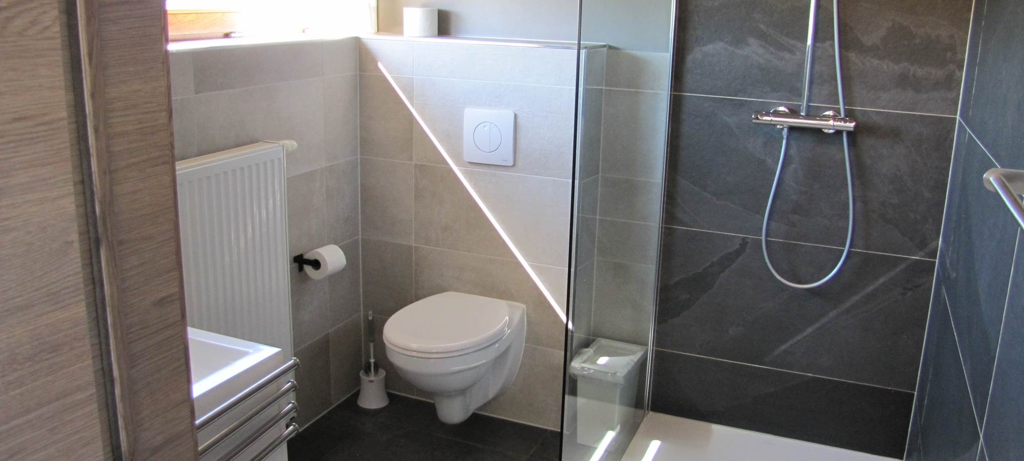 Salle de bain avec douche, lavabo et WC