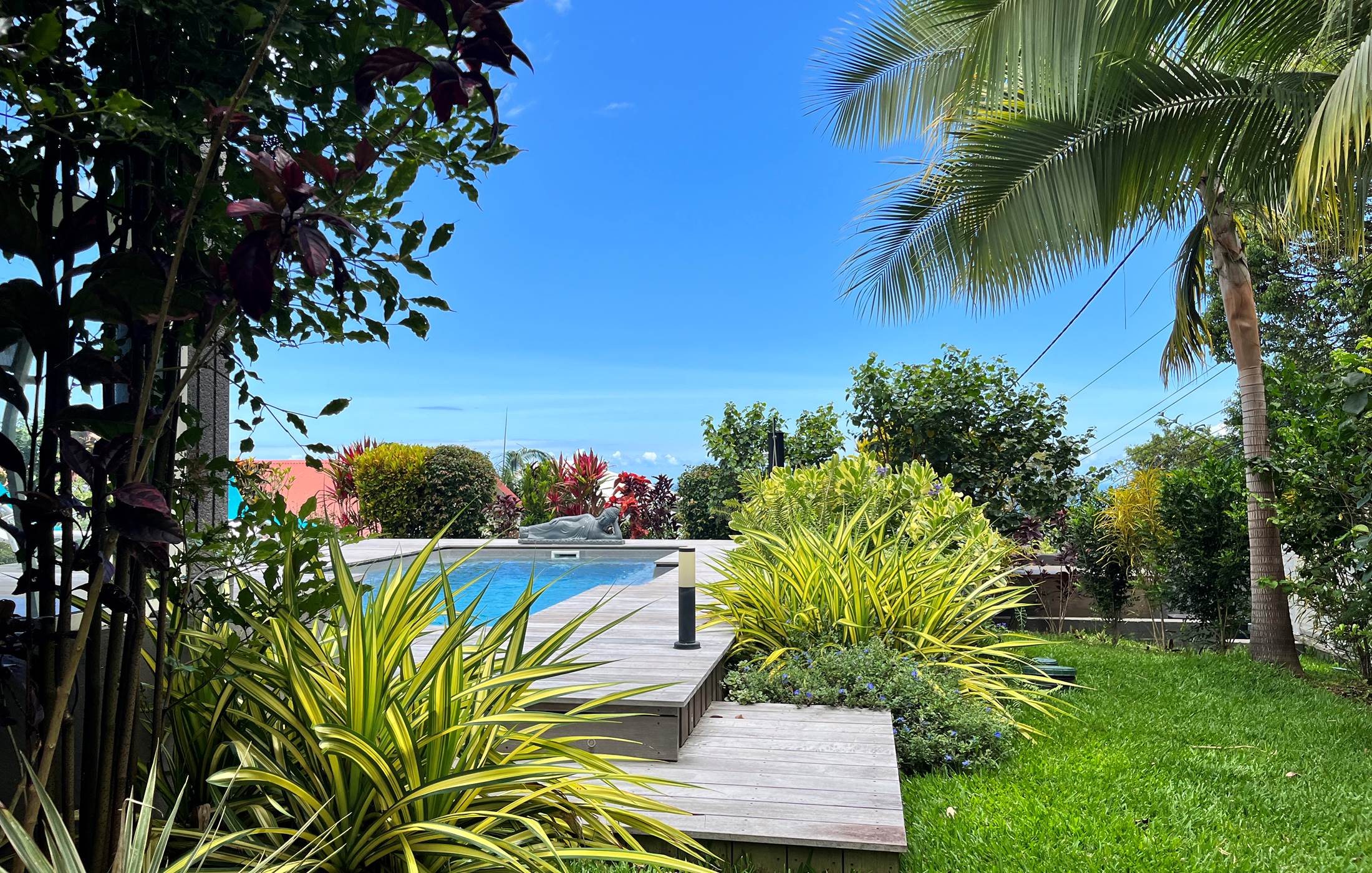 Jardin tropical et piscine au sel chauffée