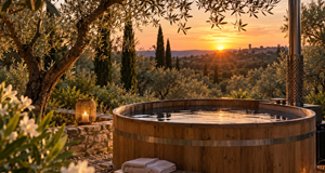 "Le bain nordique au coeur de l'oliveraie, une parenthèse de détente en pleine nature, chauffée au feu de bois lorsque les soirées se rafraîchissent"