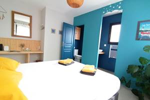 Chambre d'hôte ARGUIN. couleur bleue. 16 m². literie neuve et confortable 140x160cm