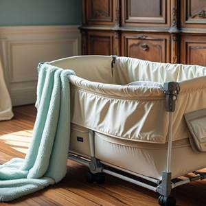 un lit parapluie pliable de voyage pour bébé, avec un plaid dessus, dans une chambre cosy, près d'une armoire ancienne
