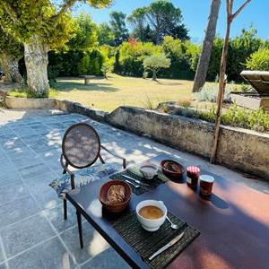 Le petit déjeuner sous l'ombrière côté orangerie