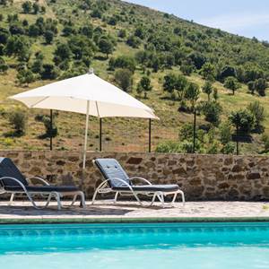 La piscine dans un cadre calme, avec transats et grande terrasse