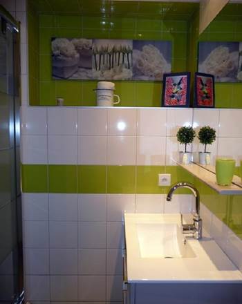 Salle d'eau avec cabine de douches, vasque, sèche serviettes, sèche cheveux, articles de toilette.