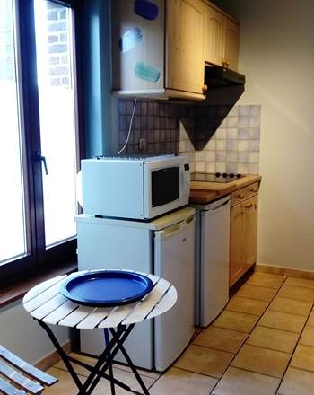 cuisine coté gauche: four multi fonction, taque vitro, congélateur et réfrigérateur