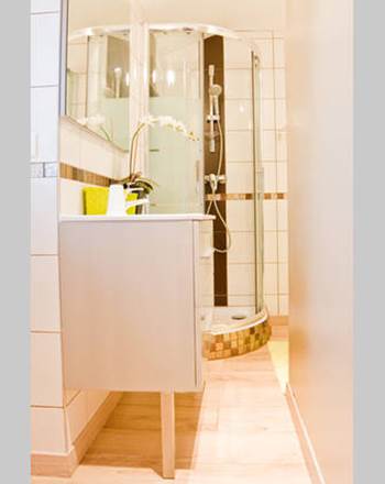 Salle de bain avec cabine de douche, vasque, articles de toilettes, sèche-cheveux, sèche serviettes.