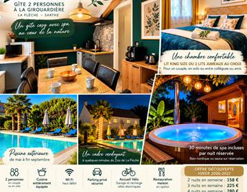 Présentation du gîte La Voie Verte à La Flèche avec cuisine équipée, chambre double, piscine extérieure, bain nordique et tarifs des séjours.