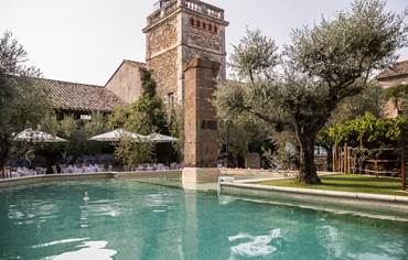 Grande piscine extérieure dans une cour fermée bordée d’oliviers centenaires