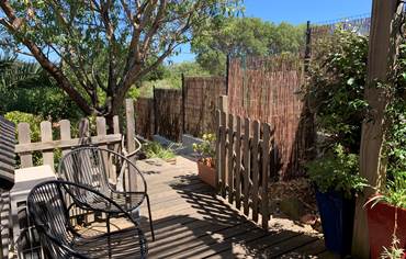 La petite terrasse s'ouvre sur le vieil amandier