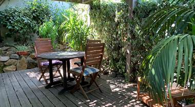 La terrasse est ombragée par une grande glycine