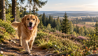 Golden Retriever sur un sentier forestier