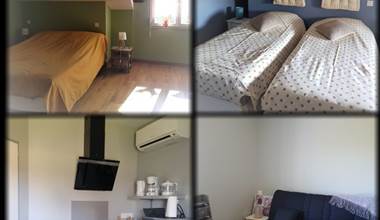 Appartement T3 composé de deux chambres indépendantes, chacune avec sa salle d’eau et WC, reliées par un espace commun avec cuisine et coin repas.