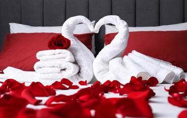 230242263-honeymoon-swans-made-with-towels-and-beautiful-rose-petals-on-bed