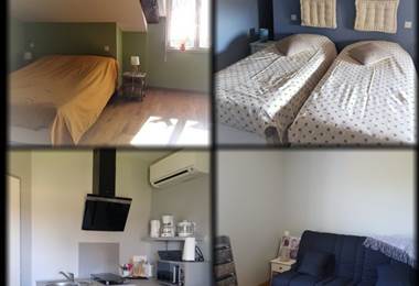 Appartement T3 composé de deux chambres indépendantes, chacune avec sa salle d’eau et WC, reliées par un espace commun avec cuisine et coin repas.
