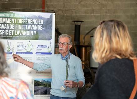 Accueil des visiteurs devant l’entrée de la distillerie de lavande en Drôme