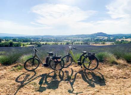 Vélos électriques devant paysage provençal