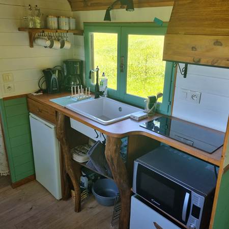 La kitchenette composée d'un réfrigérateur et son freezer, un four micro-onde et des plaques électriques.-gallery-offer