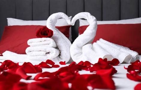 230242263-honeymoon-swans-made-with-towels-and-beautiful-rose-petals-on-bed
