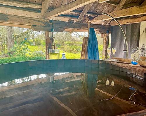 moment de pure détente dans le bain Ofuro avec vue imprenable sur le parc
