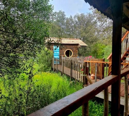 Un passerelle en bois pour accéder aux cabanes-galerie
