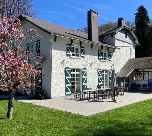 In de lente bloeit de kersenboom voor het huis in prachtige roze tinten-galerie