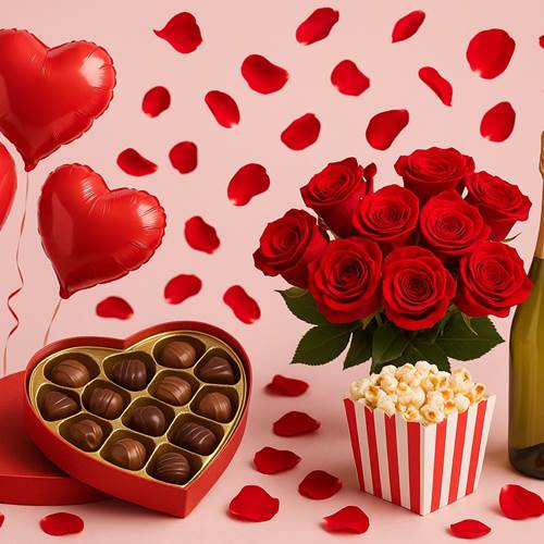 Packe Lover avec pétales ballons vin pétillant chocolats pop corn bouquet