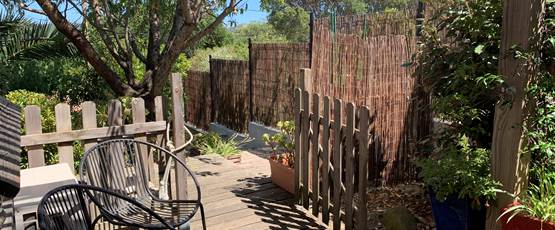 La petite terrasse s'ouvre sur le vieil amandier
