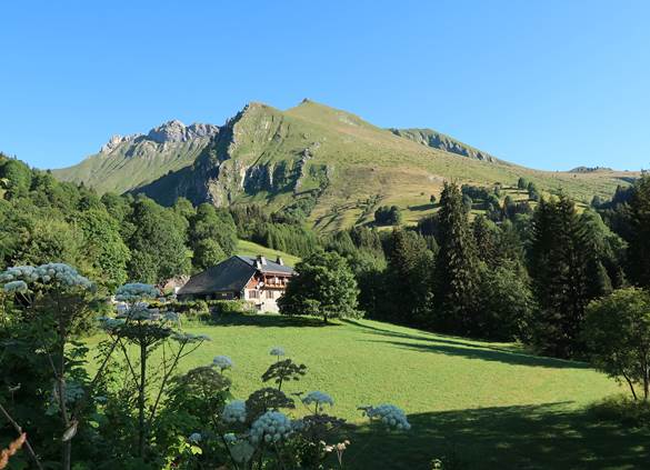 Vue panoramique du chalet d'alpage de Beauregard entouré de sapins et montagnes du Chablais à Taninges.