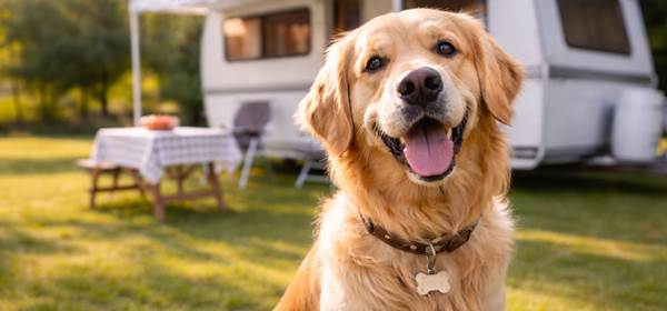 Chien heureux au camping en plein air