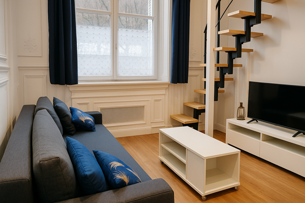 Salon avec un bel escalier en spirale, la chaleur du bois pour une ambiance montagnarde