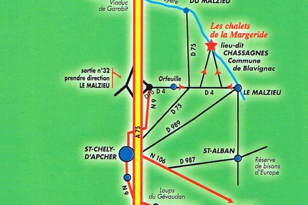 Un accès rapide, facile à 5 mn de l'Autoroute A75, sortie N° 32 pour Les Chalets de la Margeride