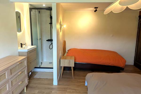 Modern walk-in shower and sink area in family suite for three guests