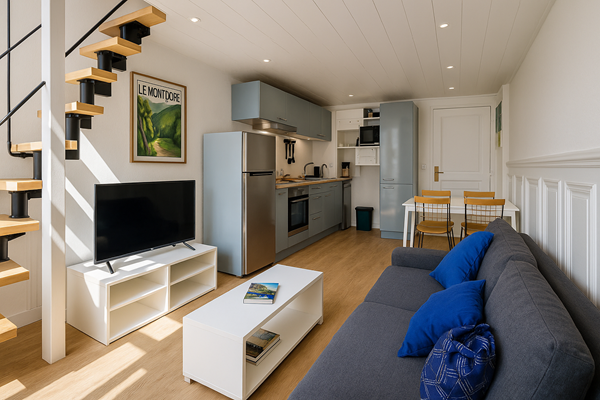 Salon moderne et lumineux, confort cosy et chaleureux ; espace de vie pour vos moments de partage