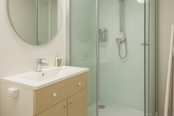 Salle de bain claire, pratique et bien agencée, avec douche et wc