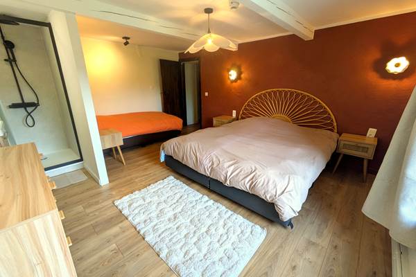 Spacious family bedroom with king bed, single bed and private walk-in shower