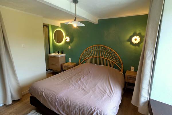 Elegant en-suite bedroom with queen size bed and modern walk-in shower in rural gîte