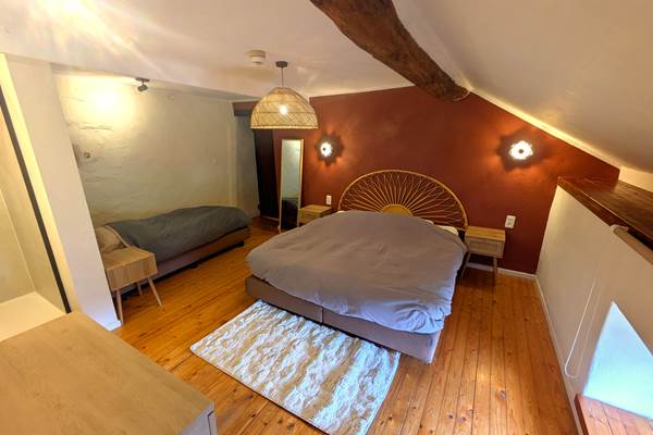 Family bedroom with king bed, single bed and private walk-in shower