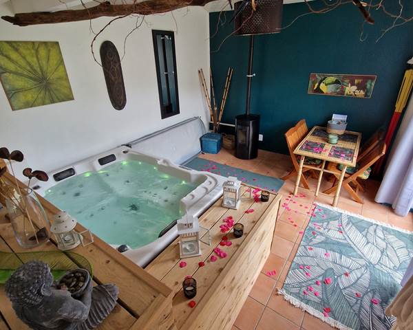 Séjour avec poêle a granulé et jacuzzi privatif