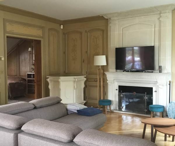Salon avec grande TV et cheminée
