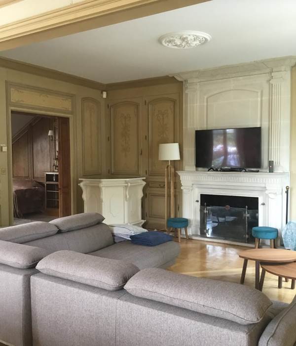Salon avec grande TV et cheminée