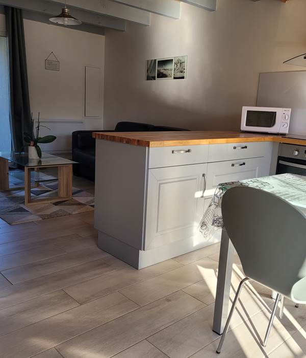 Vue d'ensemble cuisine et salon avec la baie vitrée donnant sur l'extérieur