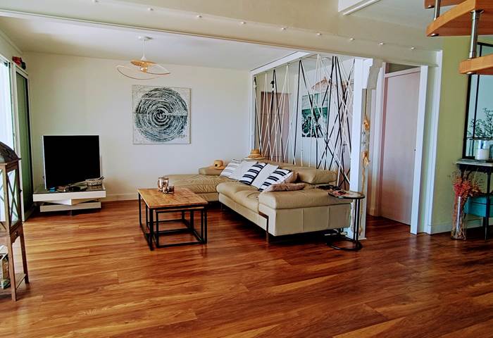 Vue sur la lumineuse pièce de vie et son sol en parquet flottant bois