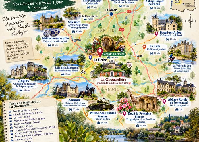 Carte des visites et activités à faire autour de La Flèche en Sarthe et en Anjou depuis La Girouardière : Zoo de La Flèche, Le Mans, Saumur, châteaux, abbayes et sites culturels.