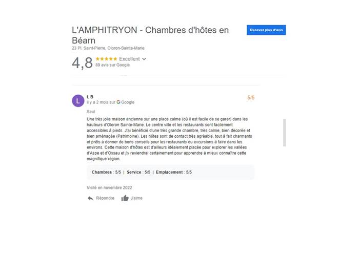 Chambres d'hôtes l'Amphitryon - Un exemple d'avis sur Google